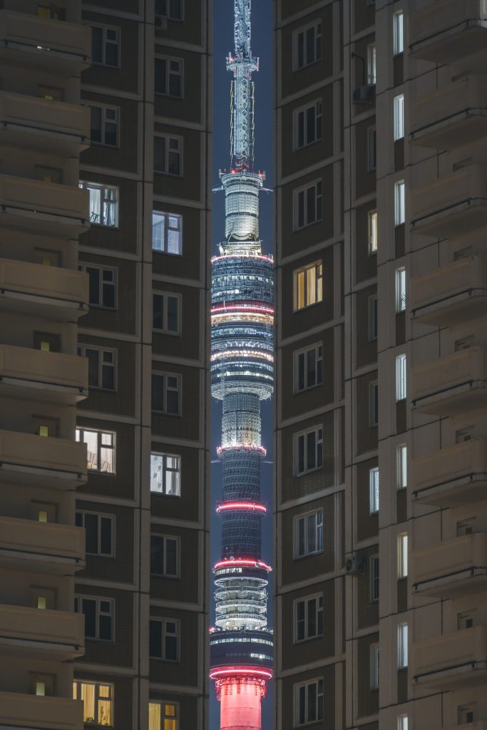 A view of Ostankino tower through the buildings in moscow