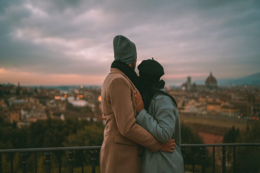 A couple seeing Florence from the terrace of Piazzale Michelangelo