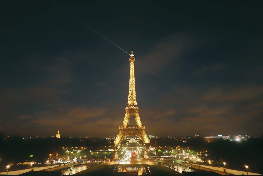 Eiffel tower in the night time decorated with flashing lights of Paris