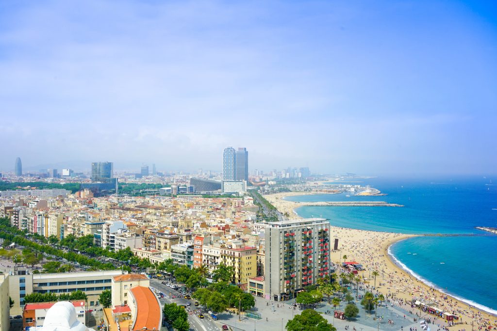 Aerial view of the Beaches in Barcelona in the coastline