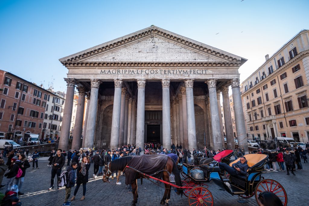 The Pantheon temple entrance which is crowded
