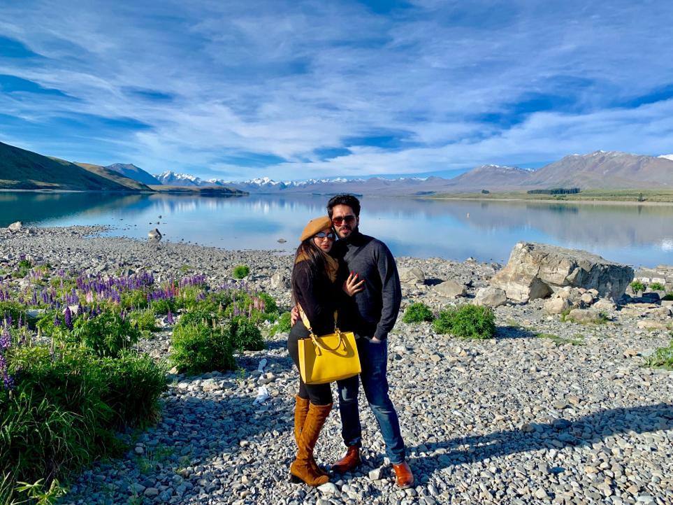 With my wife at lake background