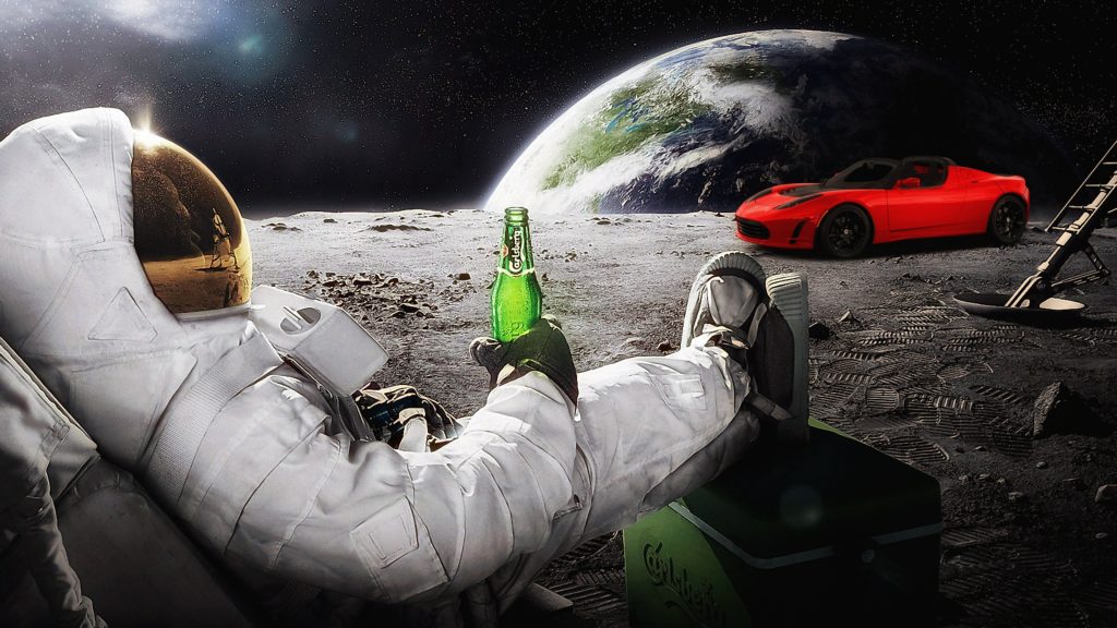 An astronaut chilling with a beer on the Moon