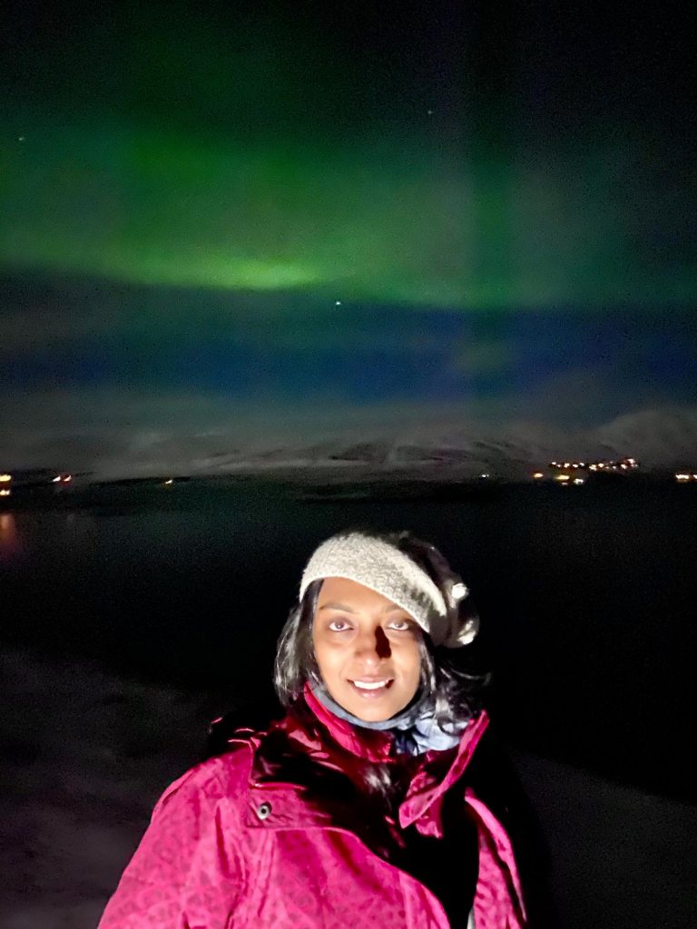 A picture of a lady standing with Northern lights as a backdrop