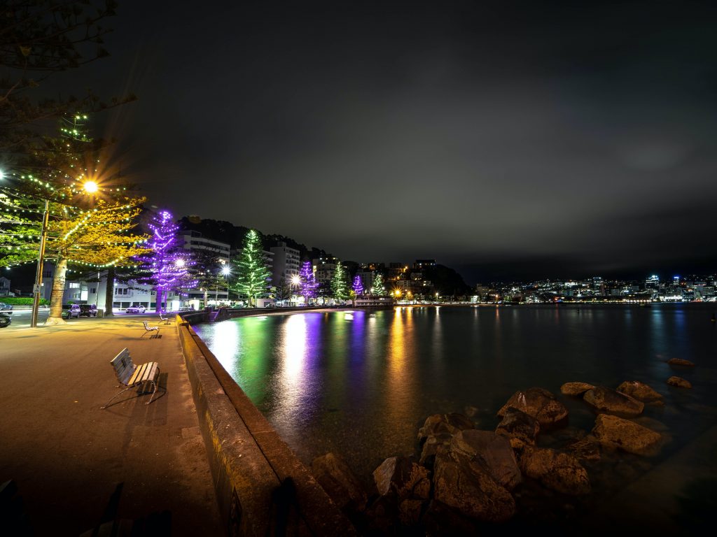 A night view of the city with a river flowing in between