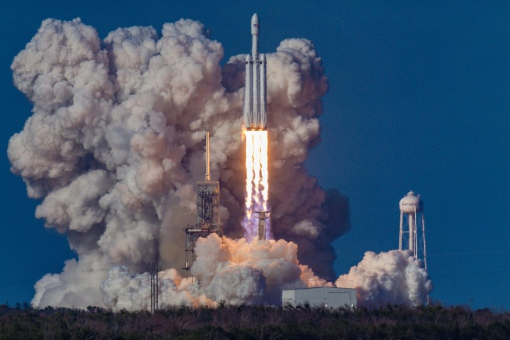 The first launch of the SpaceX Falcon Heavy rocket at Kennedy Space Center, United States.