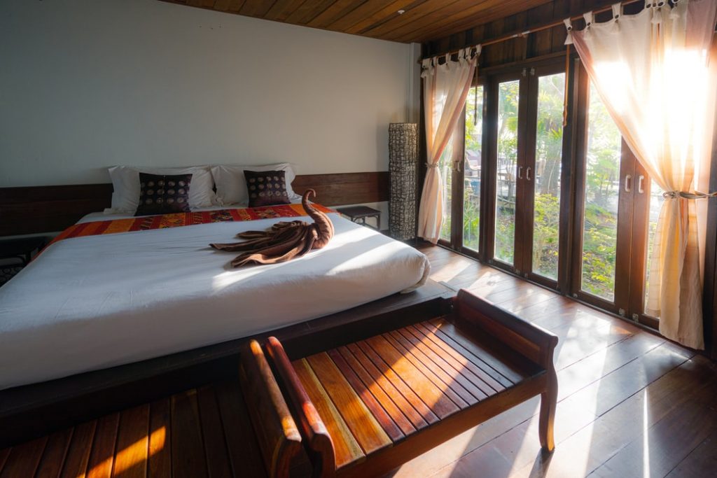 A bright hotel room.