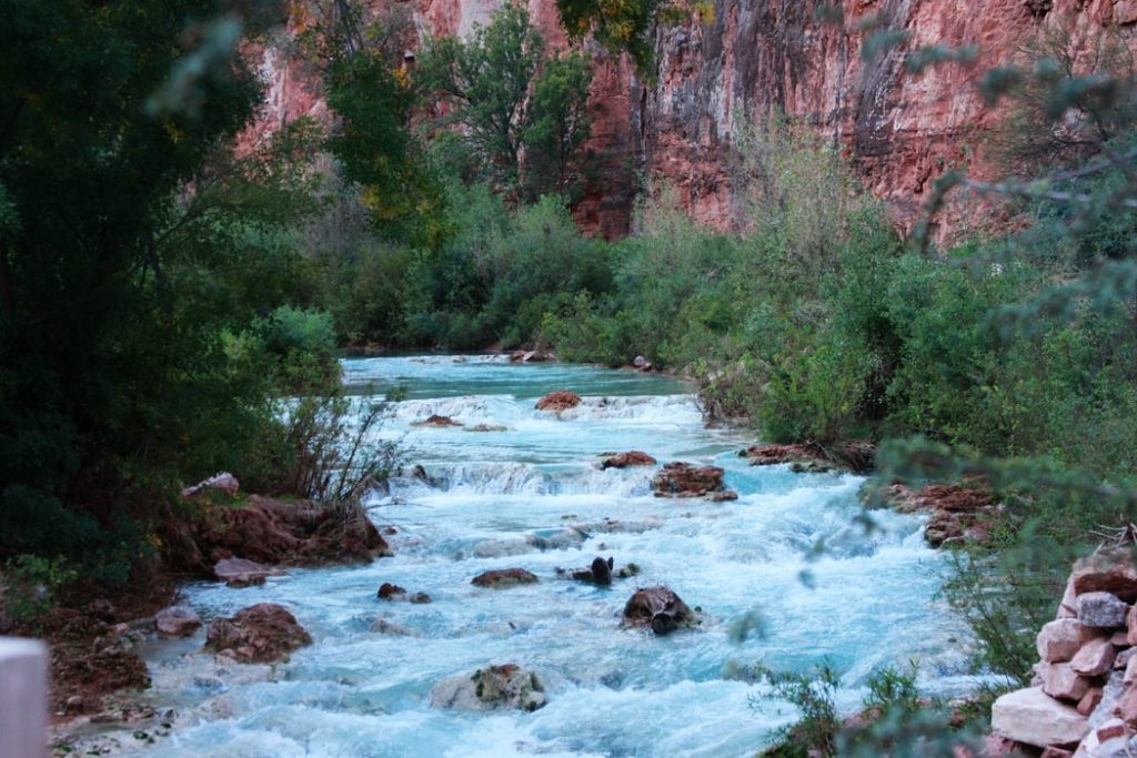 water descending down rocks