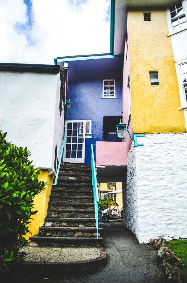 a hotel room and stairs