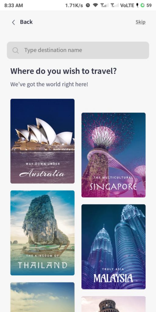 list of countries that you can explore in the Pickyourtrail app