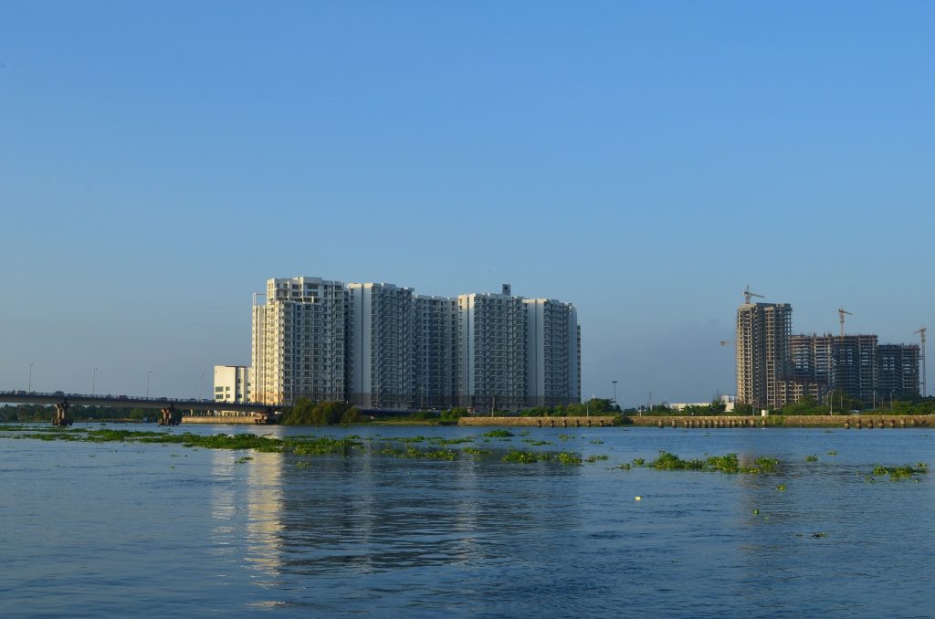 Skyscrapers seen from the Backwaters of Kochi.